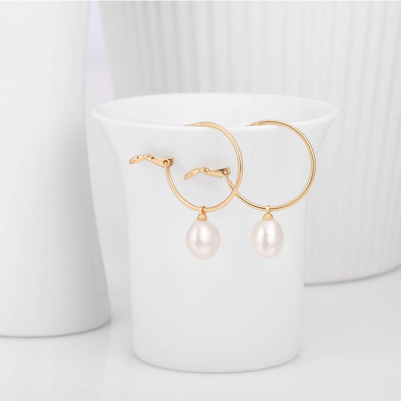 PEARLADA Gold Plated Huggie Hoop Earrings with Charms Fashion Pearl Drop Dangle Earrings for Women Handmade Karma Circle Jewelry for Ladies Lightweight Pearl Earrings on Christmas - Image 5